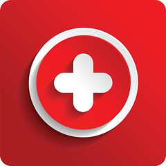 White plus symbol on red background. First aid and medical cross icon. EPS Vector.
