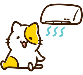 クーラーの冷風で涼むかわいいねこのキャラクターのデフォルメイラスト