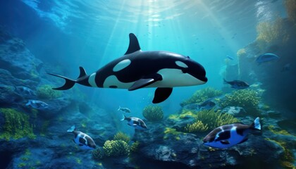 Fototapeta premium The Orcinus Orca in the ocean, portrait of Orca hunting prey in the underwater