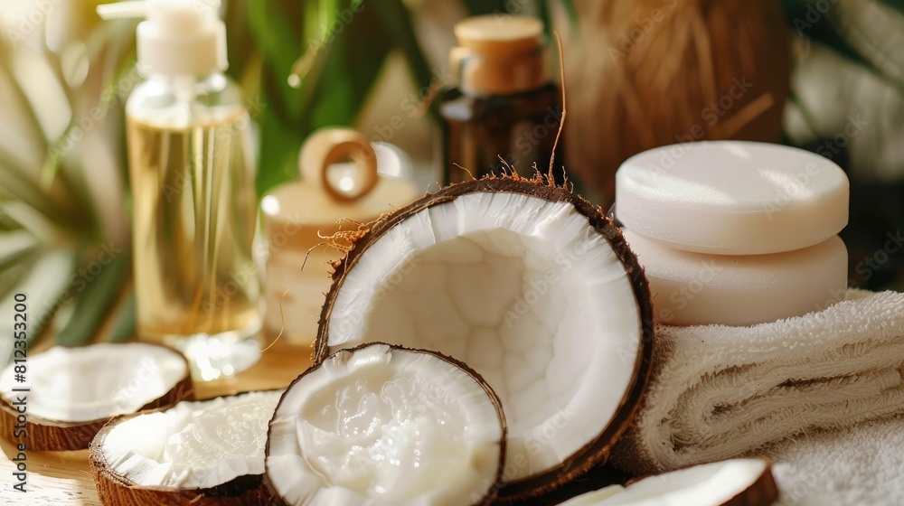 Canvas Prints Coconut cut in half aromatic oil in a clear container lotion and face massager arranged on a wooden surface Self care Spa therapies Beauty treatments Eco friendly skincare products