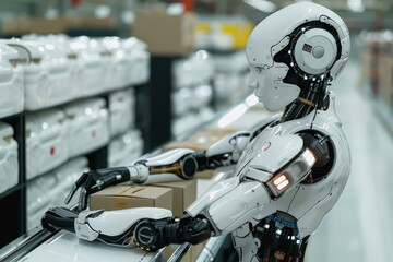 Fototapeta premium Robot arms in a warehouse preparing boxes for delivery on a conveyor belt.