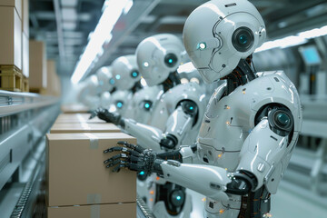 Fototapeta premium Robot arms in a warehouse preparing boxes for delivery on a conveyor belt.