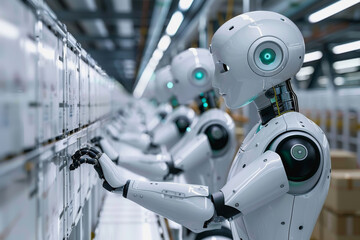 Fototapeta premium Robot arms in a warehouse preparing boxes for delivery on a conveyor belt.