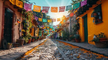 Fototapeta premium Festive Mexican Street with Colorful Banners