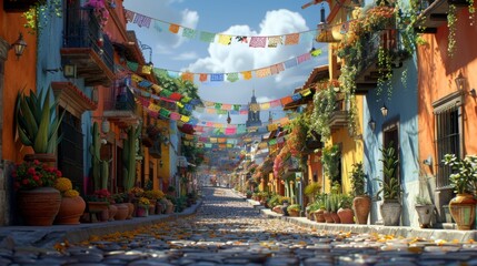 Fototapeta premium Colorful Cobblestone Street in Mexican Town