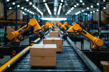 Fototapeta premium Robot arms in a warehouse preparing boxes for delivery on a conveyor belt.