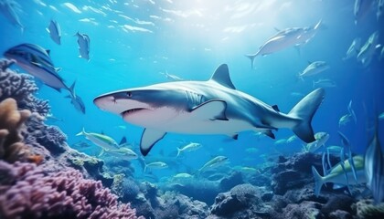 Fototapeta premium Great white shark in the ocean, portrait of White shark hunting prey in the underwater