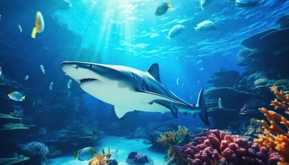 Fototapeta premium Great white shark in the ocean, portrait of White shark hunting prey in the underwater