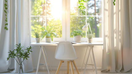 Fototapeta premium A minimalist study table is placed near the child's bedroom window. With a simple but elegant design, this table blends in with the bright atmosphere provided by sunlight coming in through the window