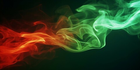 Obraz premium 煙や水の中のインクのテクスチャの抽象横長テンプレート。黒背景に緑と赤の流動体