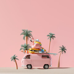 Summer vacation, travel holiday, van and beach accessories on pink  background. 3d rendering	