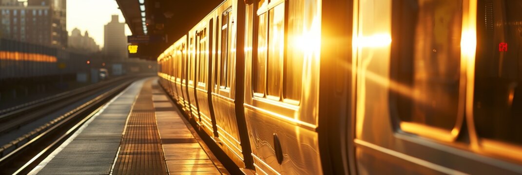 The golden hour sunlight bathes the city subway train, highlighting its sleek design and the urban landscape it traverses