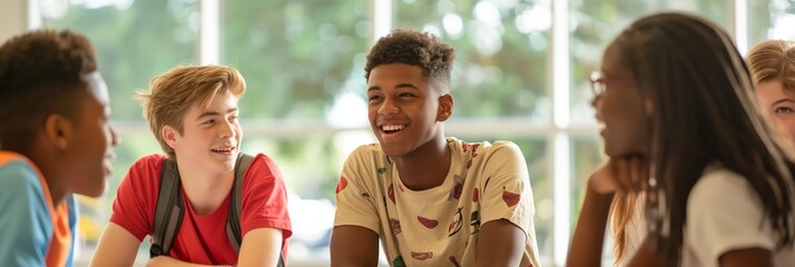 Group of animated diverse students laughing and interacting in a classroom