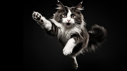 A jumping cat black and white picture