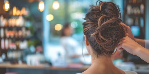 The back view of a woman's head with an intricate hair styling process visible at a fashionable salon