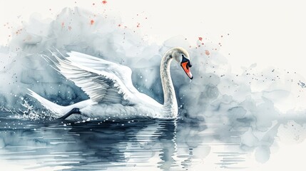 Fototapeta premium watercolor A graceful swan glides through the water, its wings outstretched and its feathers glistening in the sun. The swan is a symbol of beauty, grace, and elegance.