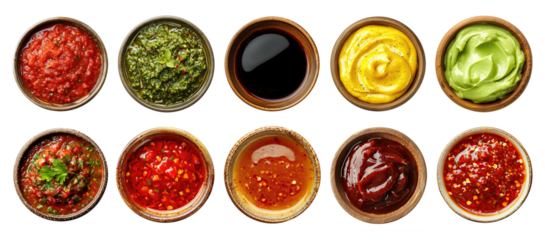 Bowls with various types of sauce isolated on transparent background