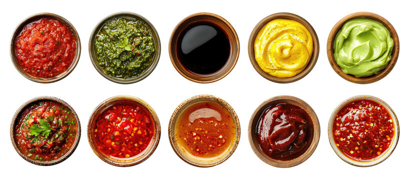 Bowls with various types of sauce isolated on transparent background