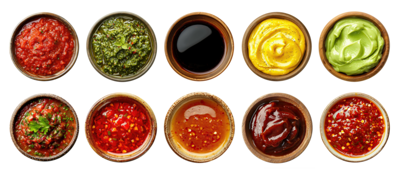 Bowls with various types of sauce isolated on transparent background