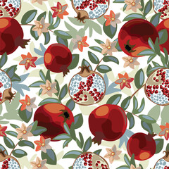 Art floral vector seamless pattern. Pomegranate tree with maroon fruits