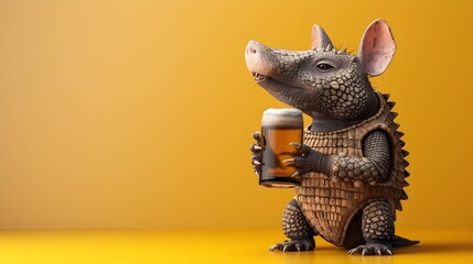 Armadillo Enjoying a Casual Beer in a Vivid Chartreuse Studio Setting