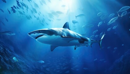 Great white shark in the ocean, portrait of White shark hunting prey in the underwater