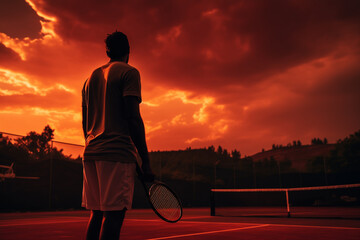 A man holding a tennis racket on a clay court, with the setting sun casting a dramatic glow