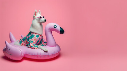 Obraz premium Funny dog wearing summer fashion with rubber ring on pastel background. Summer Vacation Concept.