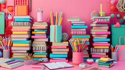 Neatly Arranged Stacks of Colorful Books and School Supplies Conveying the Beauty of Knowledge