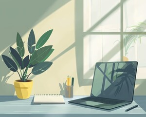 A minimalist teachers' workspace with a laptop, notebook, and a potted plant.