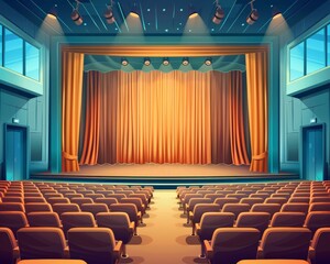 A school auditorium with a stage, curtains, and rows of seating.