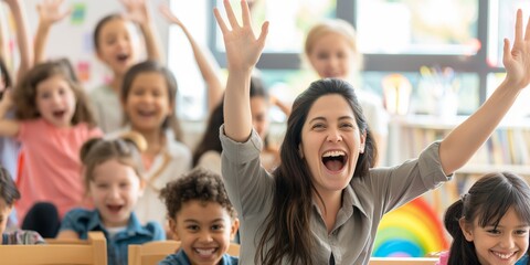 An enthusiastic teacher joyfully interacts with her diverse students in a lively classroom environment