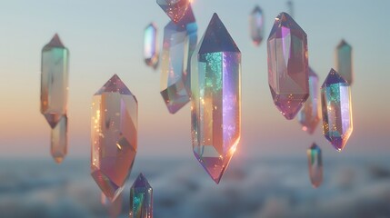 Levitating Iridescent Crystals in Serene Minimalist Atmosphere Ethereal 3D Rendering Channeling New Age Spirituality