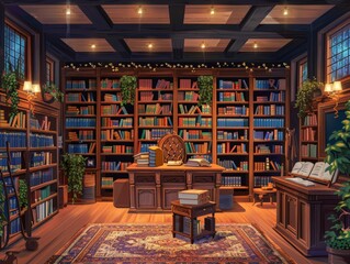 A school library with bookshelves, reading nooks, and a librarian's desk.