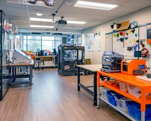 A school makerspace with 3D printers, robotics kits, and a collaboration table.