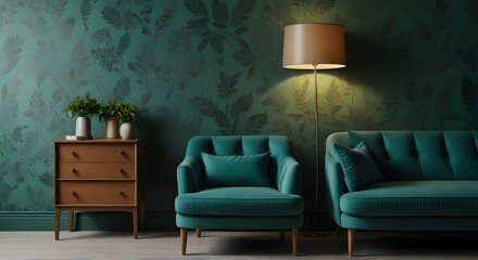 Chair and turquoise sofa in green living room interior with leaves wallpaper and table. Real photo.