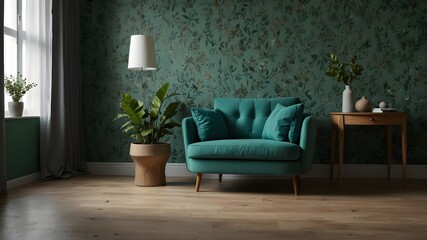 Chair and turquoise sofa in green living room interior with leaves wallpaper and table. Real photo.