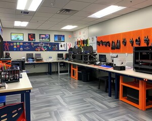 A school makerspace with 3D printers, robotics kits, and a collaboration table. - Powered by Adobe