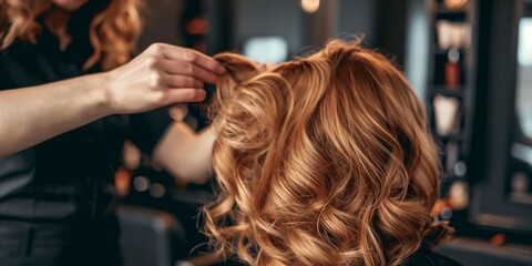 Fototapeta premium A stylist carefully curls a woman's blonde hair, showcasing the hairdressing process in a salon
