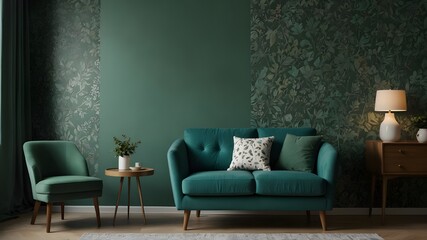 Chair and turquoise sofa in green living room interior with leaves wallpaper and table. Real photo.