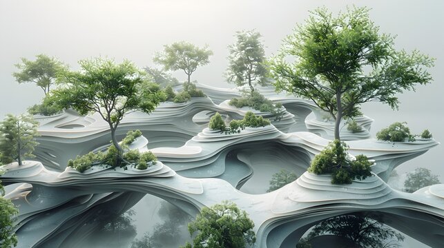 Tranquil Floating Islands in Surreal Dreamscape with Organic Geometric Structures and Muted Color Scheme