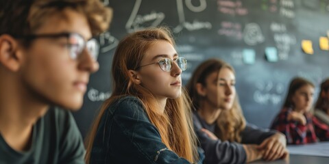 Fototapeta premium A classroom scene focused on a teenage girl wearing glasses, surrounded by focused peers