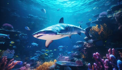 Fototapeta premium Great white shark in the ocean, portrait of White shark hunting prey in the underwater