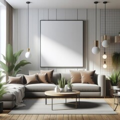 A living room with a template mockup poster empty white and with a large couch and a coffee table art realistic photo photo.