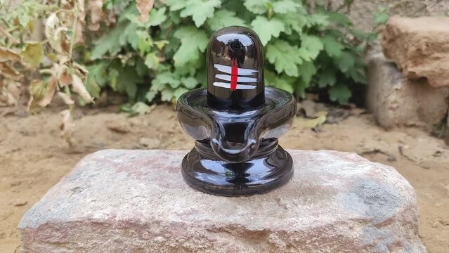 Lord Shiva religious symbol black marble shivlinga sculpture selective focus on natural background 