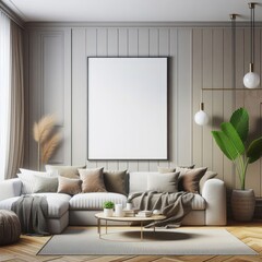 A living room with a template mockup poster empty white and with a large white couch and a coffee table image art attractive harmony.