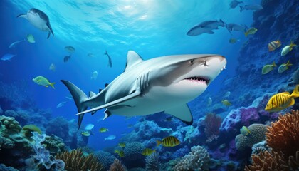 Fototapeta premium Great white shark in the ocean, portrait of White shark hunting prey in the underwater