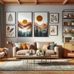 A living room with a template mockup poster empty white and with couches and paintings on the wall image art harmony card design.