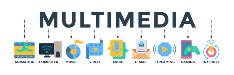 Multimedia banner web icon concept with icon of animation, computer, music, video, audio, e-mail, streaming, gaming, and internet. Vector illustration 