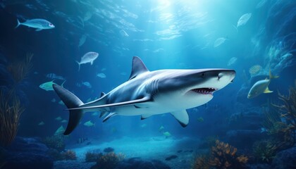 Obraz premium Great white shark in the ocean, portrait of White shark hunting prey in the underwater
